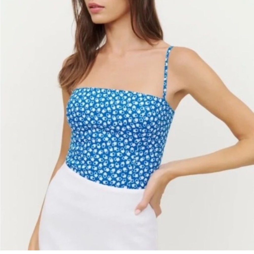 Reformation Overland Linen Top blue white, size 0, excellent condition